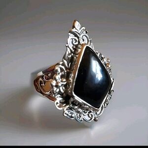 Thai Black Spinel Solitaire Flower & Butterfly  Cocktail Ring In Sterling Silver